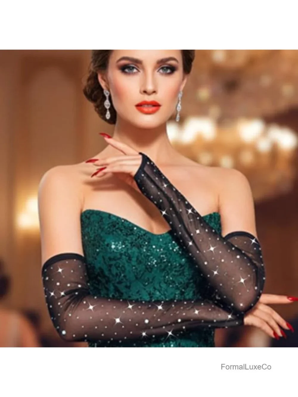 Fingerless Rhinestone Mesh Gloves Elbow Length Prom Costume Accessory